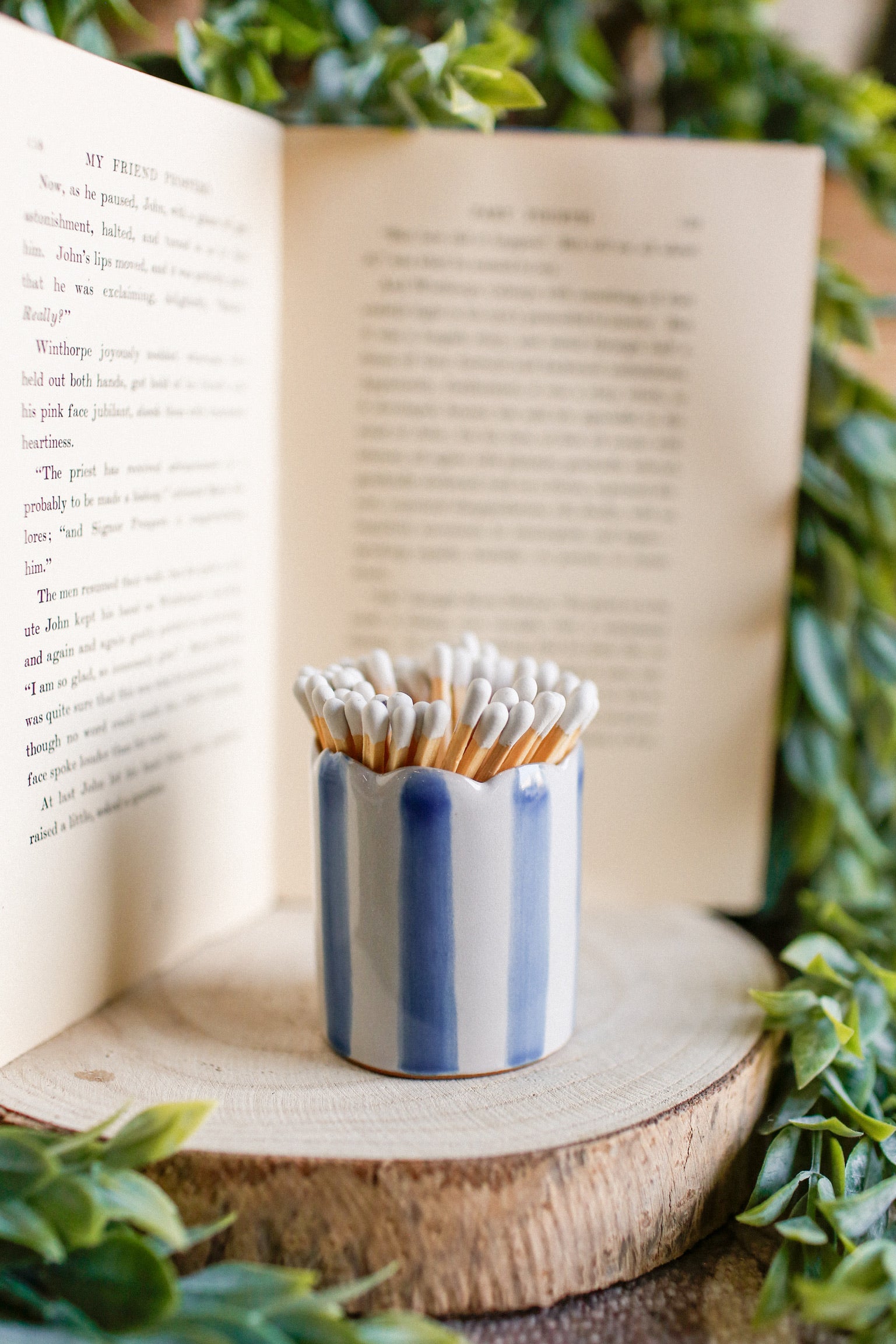 Blue Striped Scalloped Trim Match Holder