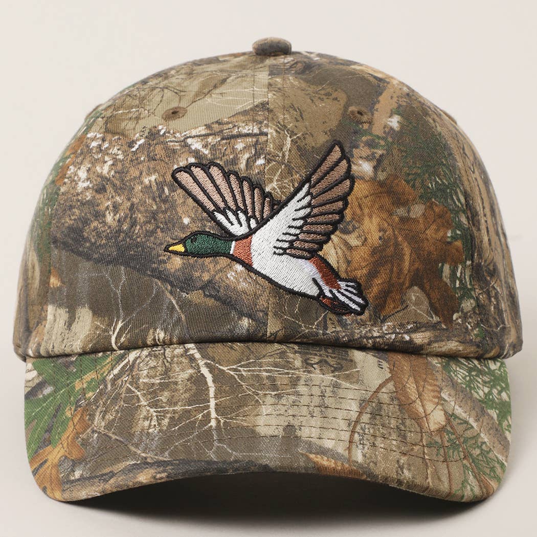 Flying Mallard Embroidered Cap with Leaf Print Fashion City