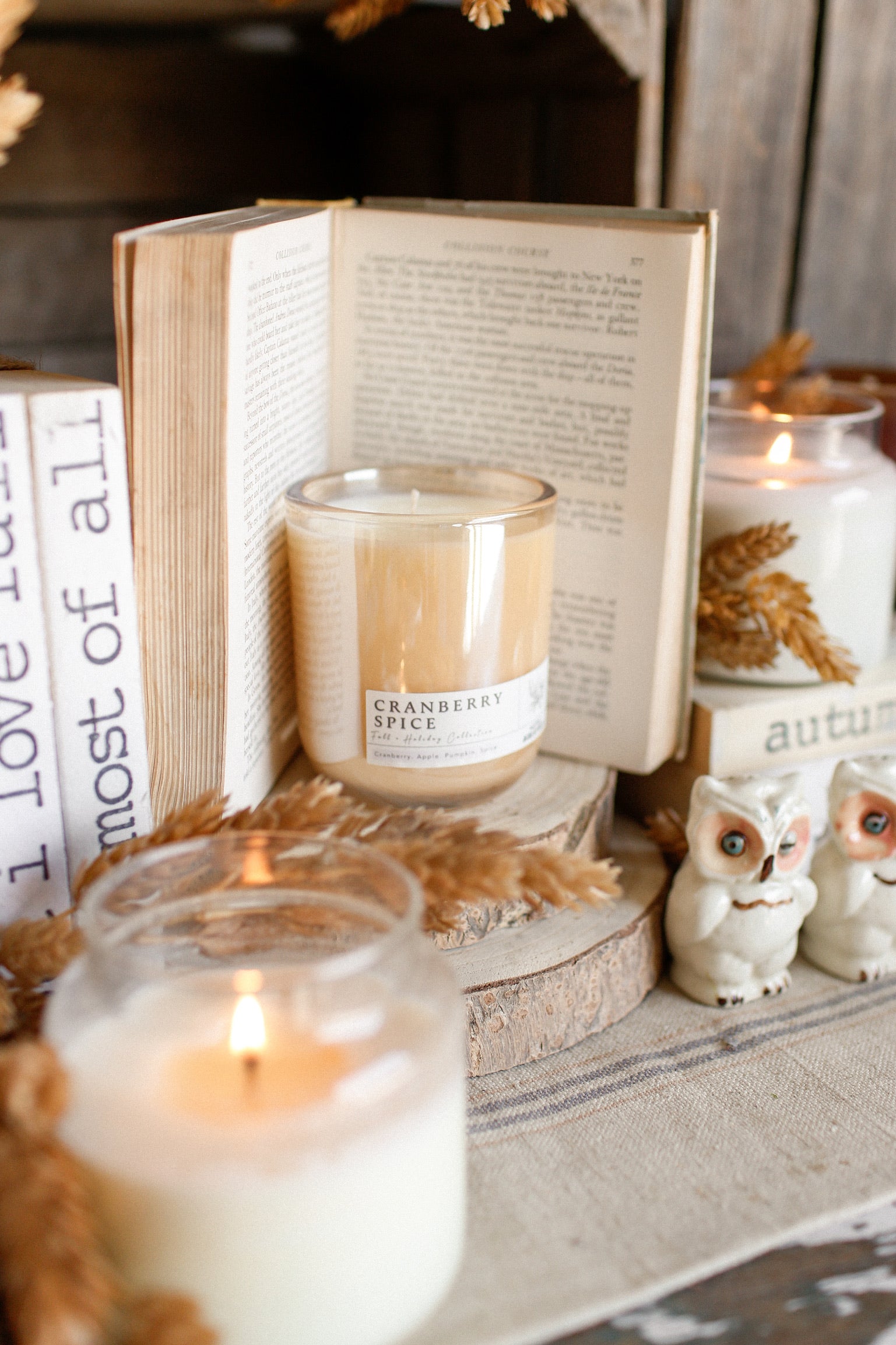 Premium handmade soy candle with warm cranberry and pumpkin spice fragrance