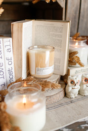 Premium handmade soy candle with warm cranberry and pumpkin spice fragrance