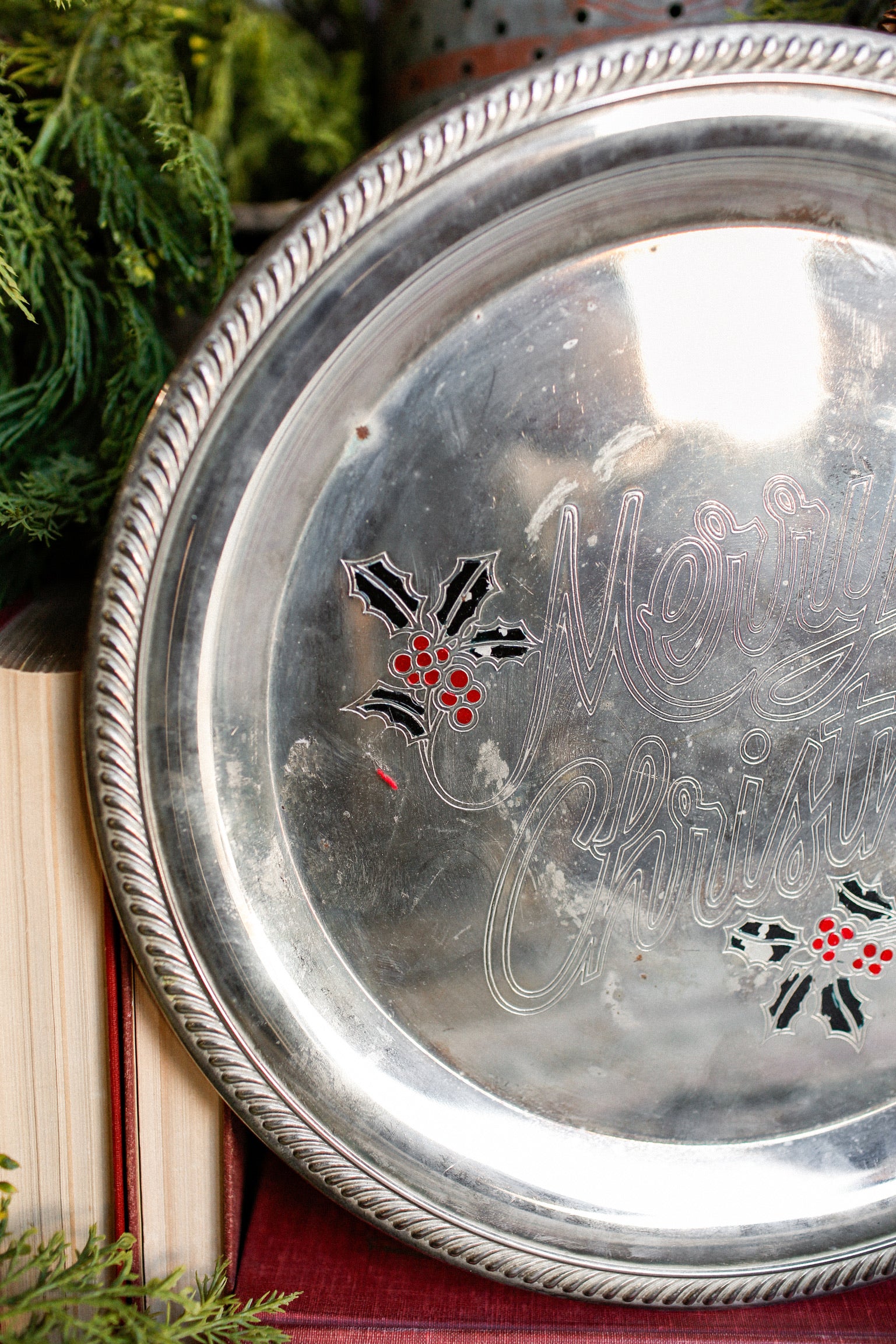 Vintage "Merry Christmas" Mistletoe Silver Platter