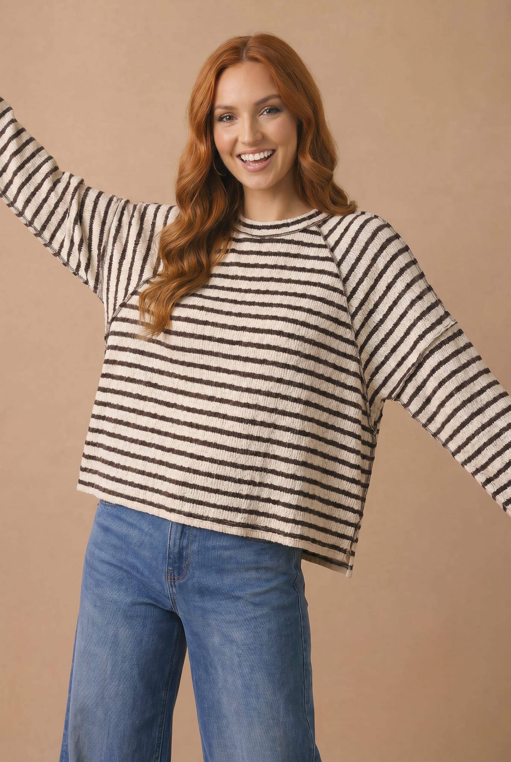 Round Neck Textured Stripe Reverse Stitch Top Haptics