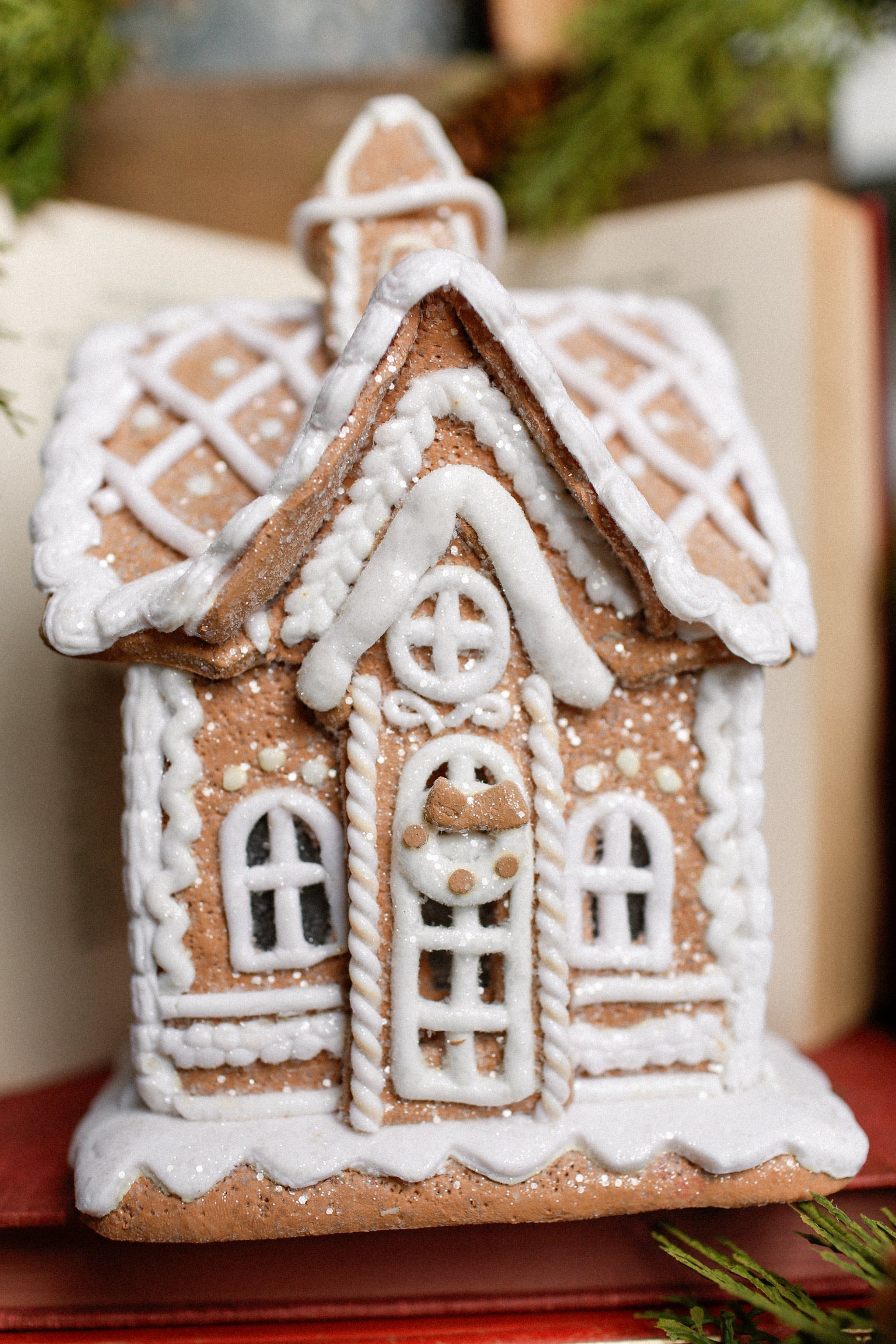 Lighted White Gingerbread House