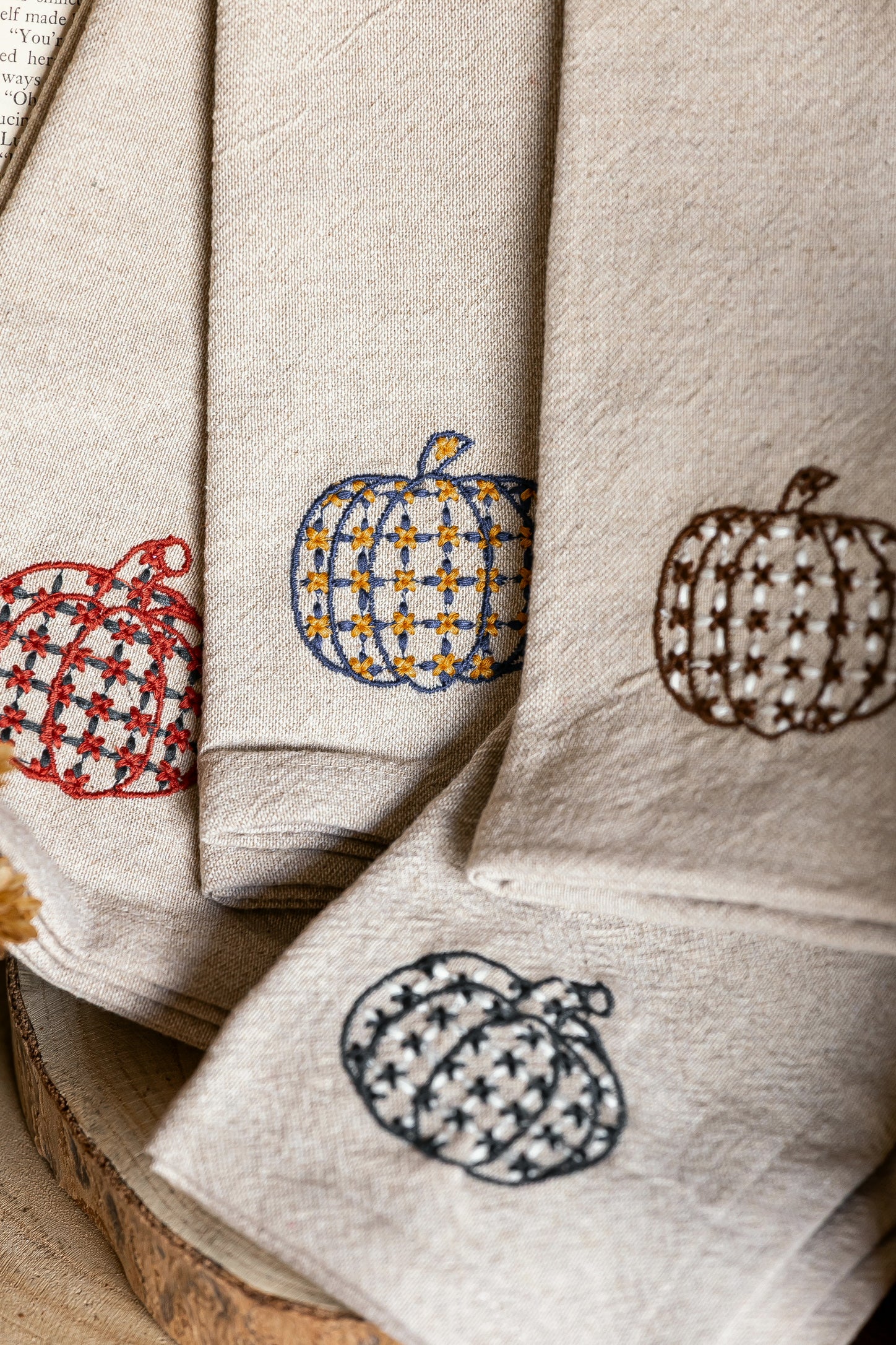 Woven Chambray Embroidered Pumpkins Napkins Creative Co-Op