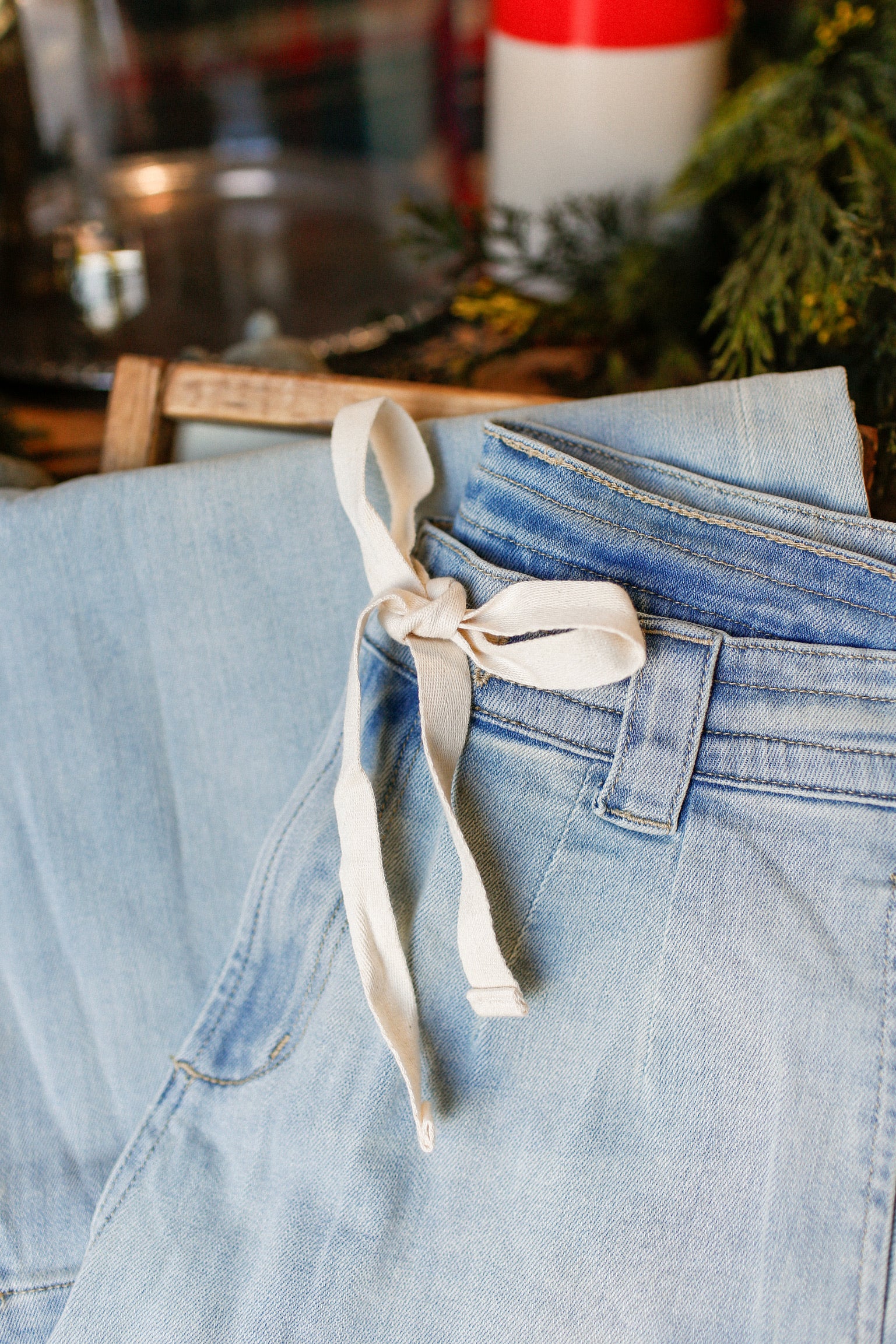 Washed Denim Tie Front Pant