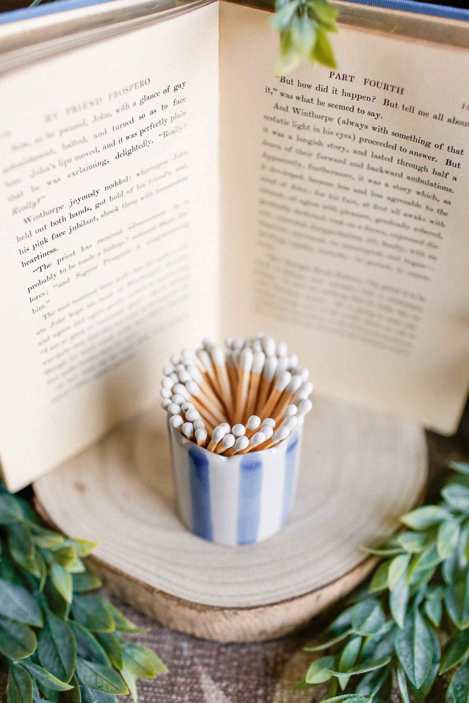 Blue Striped Scalloped Trim Match Holder