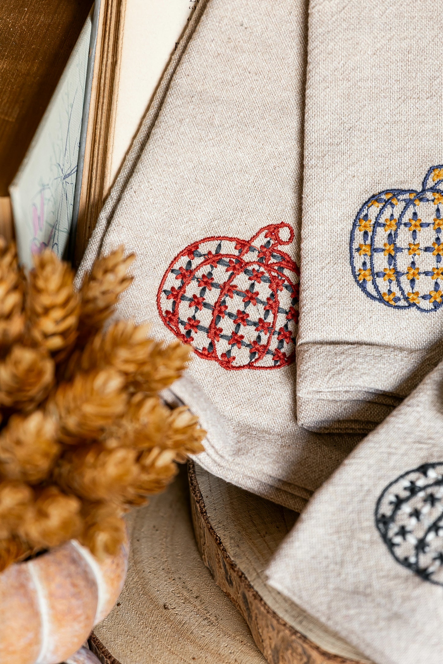 Woven Chambray Embroidered Pumpkins Napkins Creative Co-Op