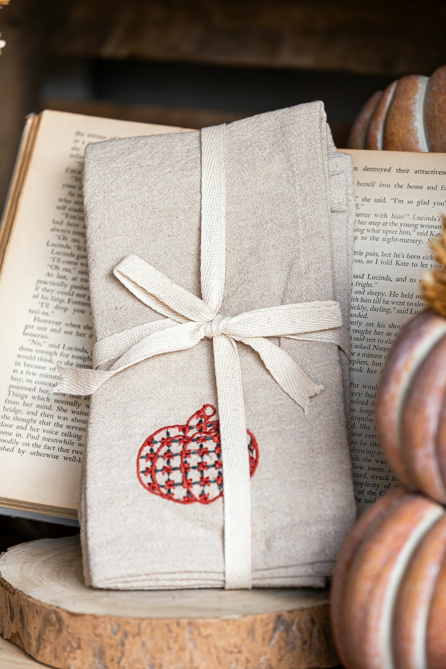 Woven Chambray Embroidered Pumpkins Napkins Creative Co-Op