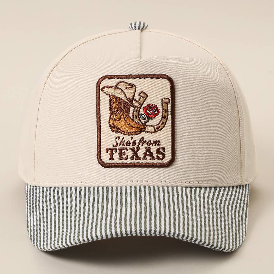SHE'S FROM TEXAS Embroidered Patch Striped Brim Baseball Cap Fashion City