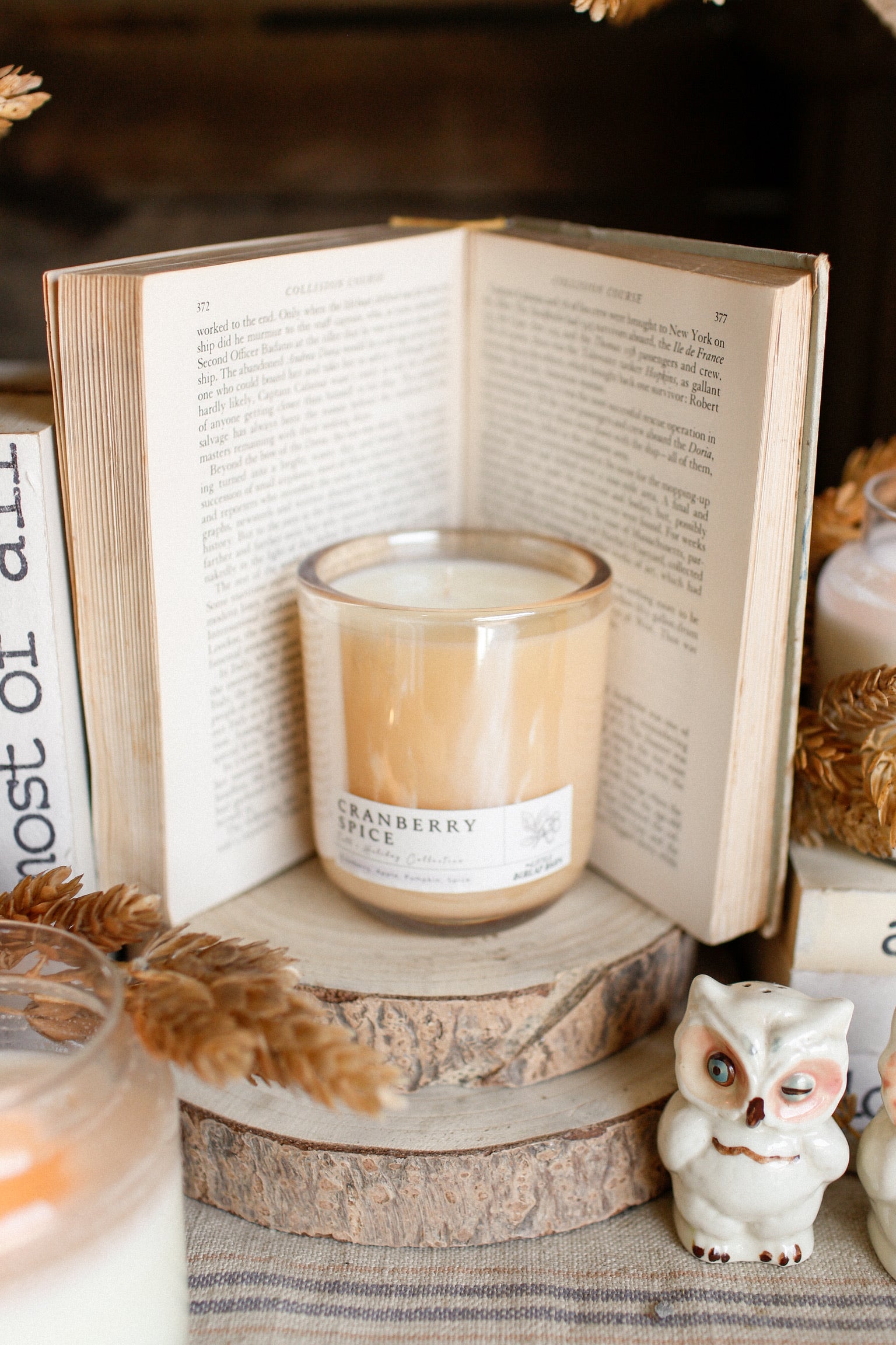Hand-poured Cranberry Spice soy candle with cranberry, apple, pumpkin, cinnamon, and clove fragrance