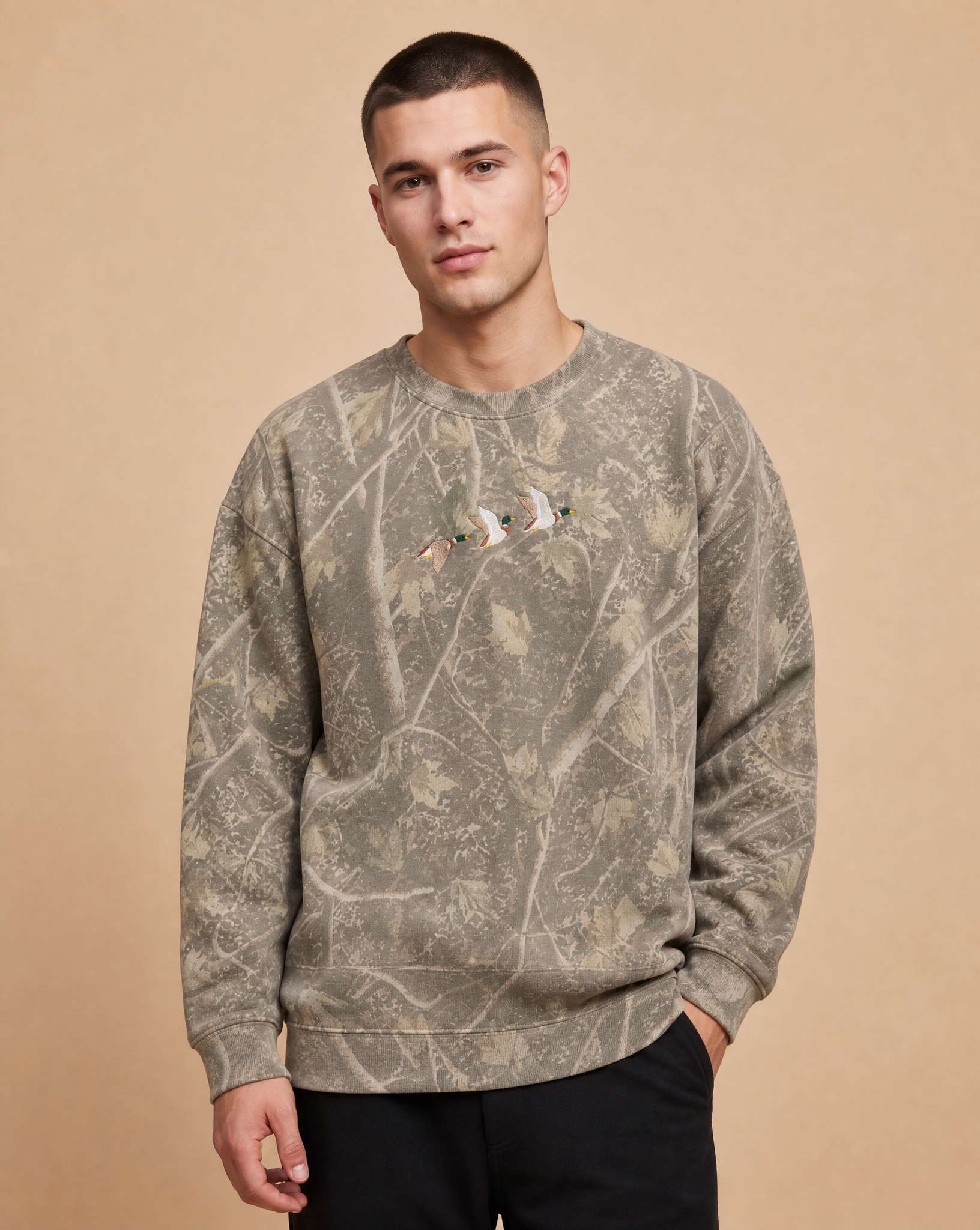 Flying Mallard Ducks Embroidered Camo Crewneck Sweatshirt Fashion City