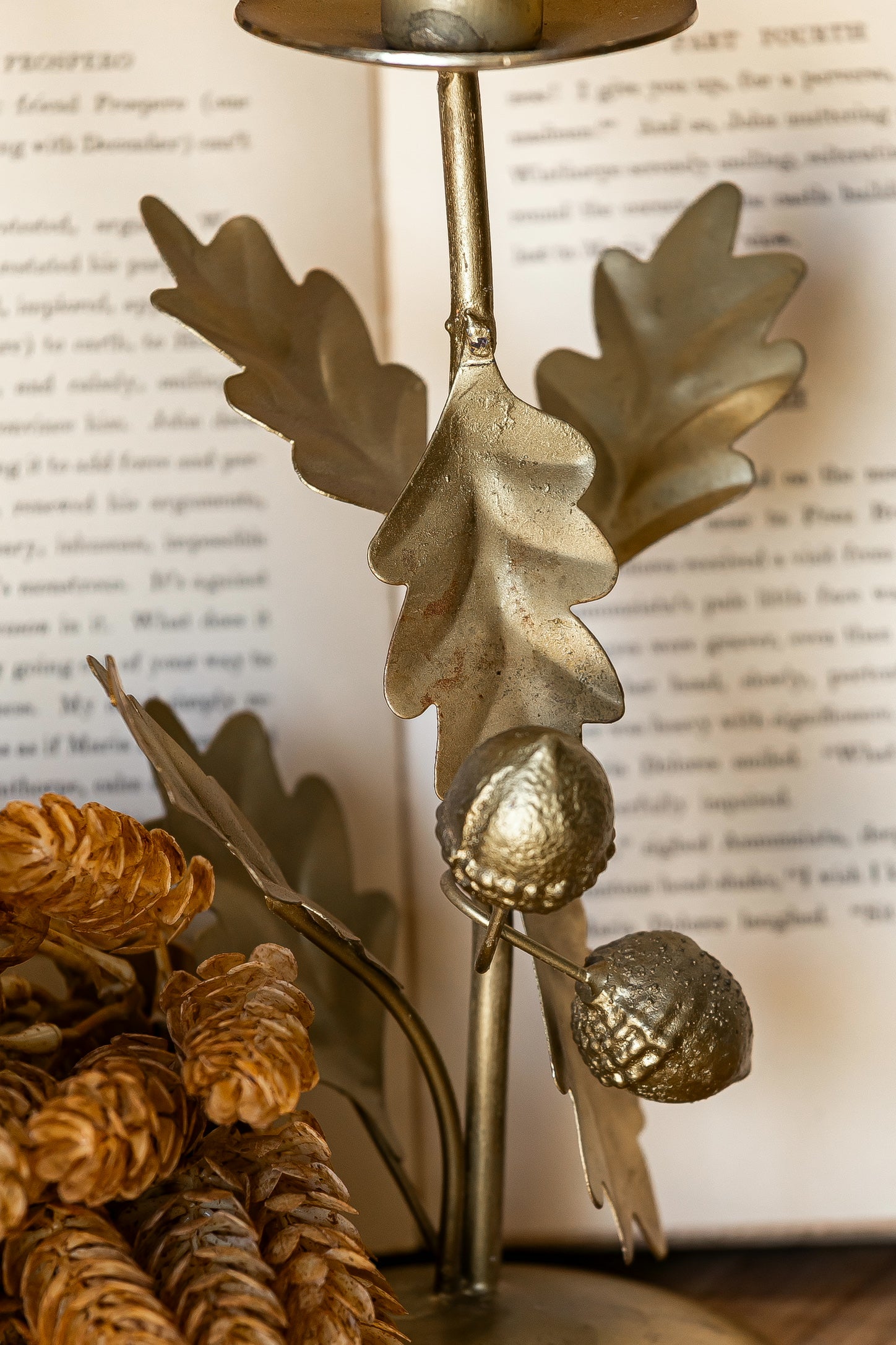 Antique Gold Leaf and Acorns Taper Candle Holder Creative Co-Op