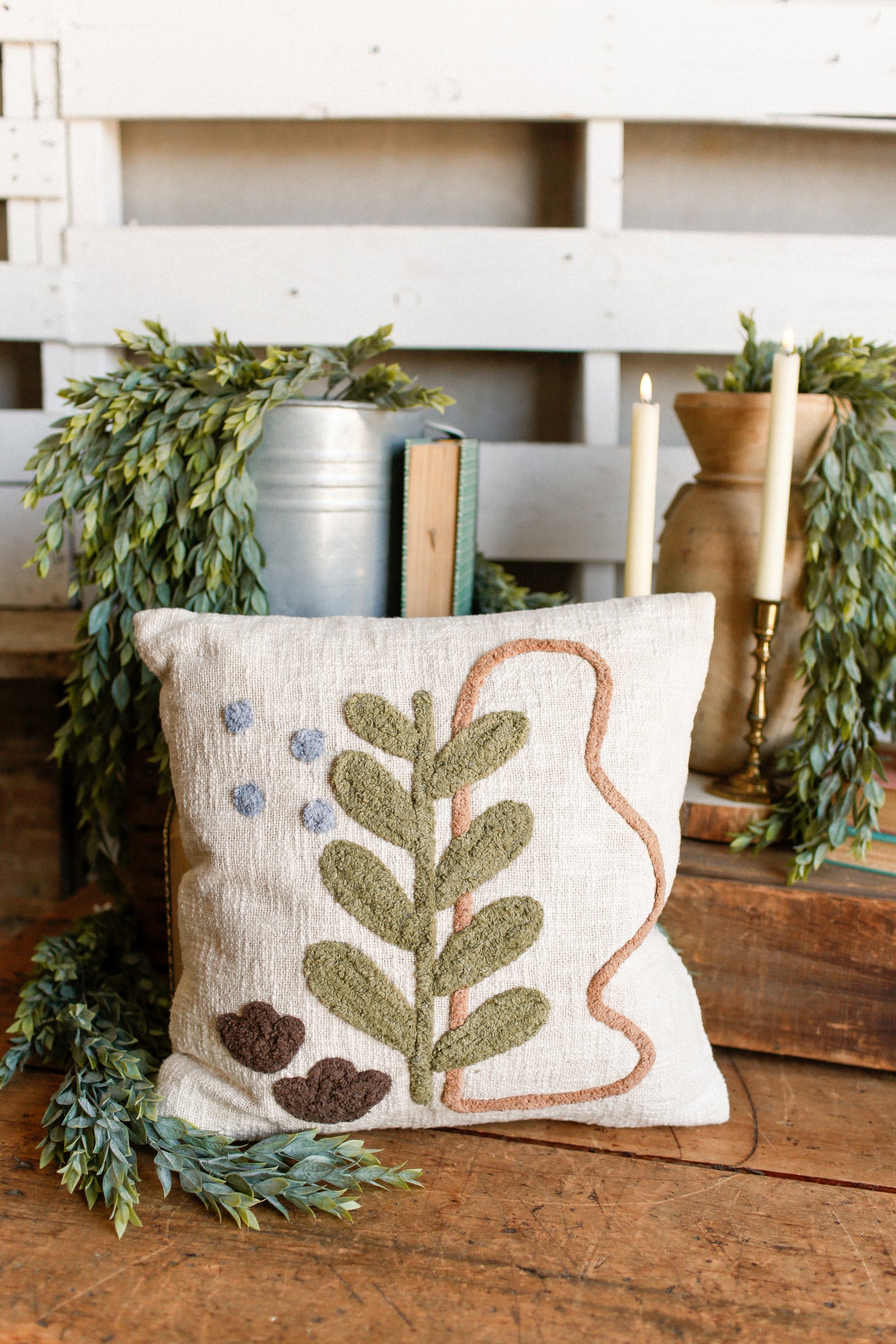 Embroidered Botanical Pillow