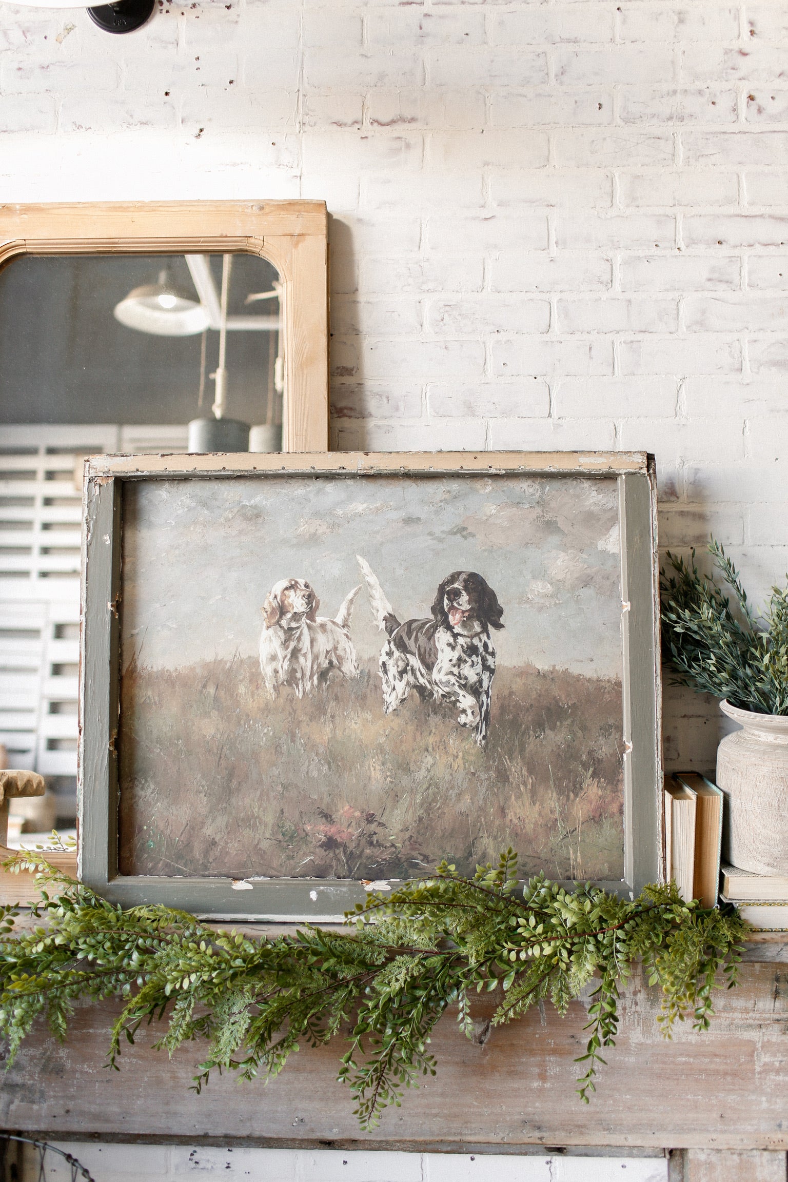 One-of-a-kind salvaged gray window frame featuring vintage artwork of two dogs standing in a field