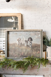 One-of-a-kind salvaged gray window frame featuring vintage artwork of two dogs standing in a field