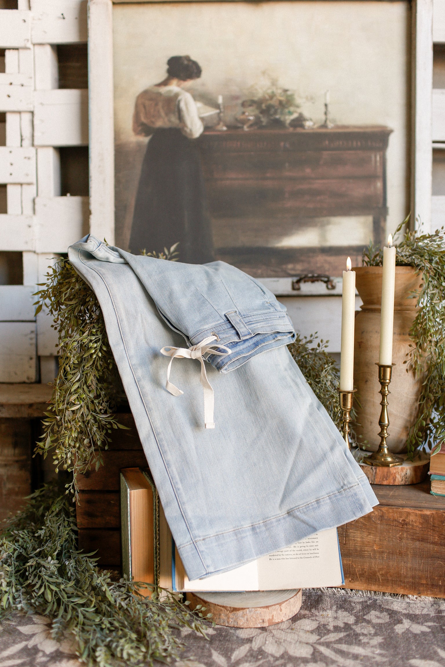 Washed Denim Tie Front Pant