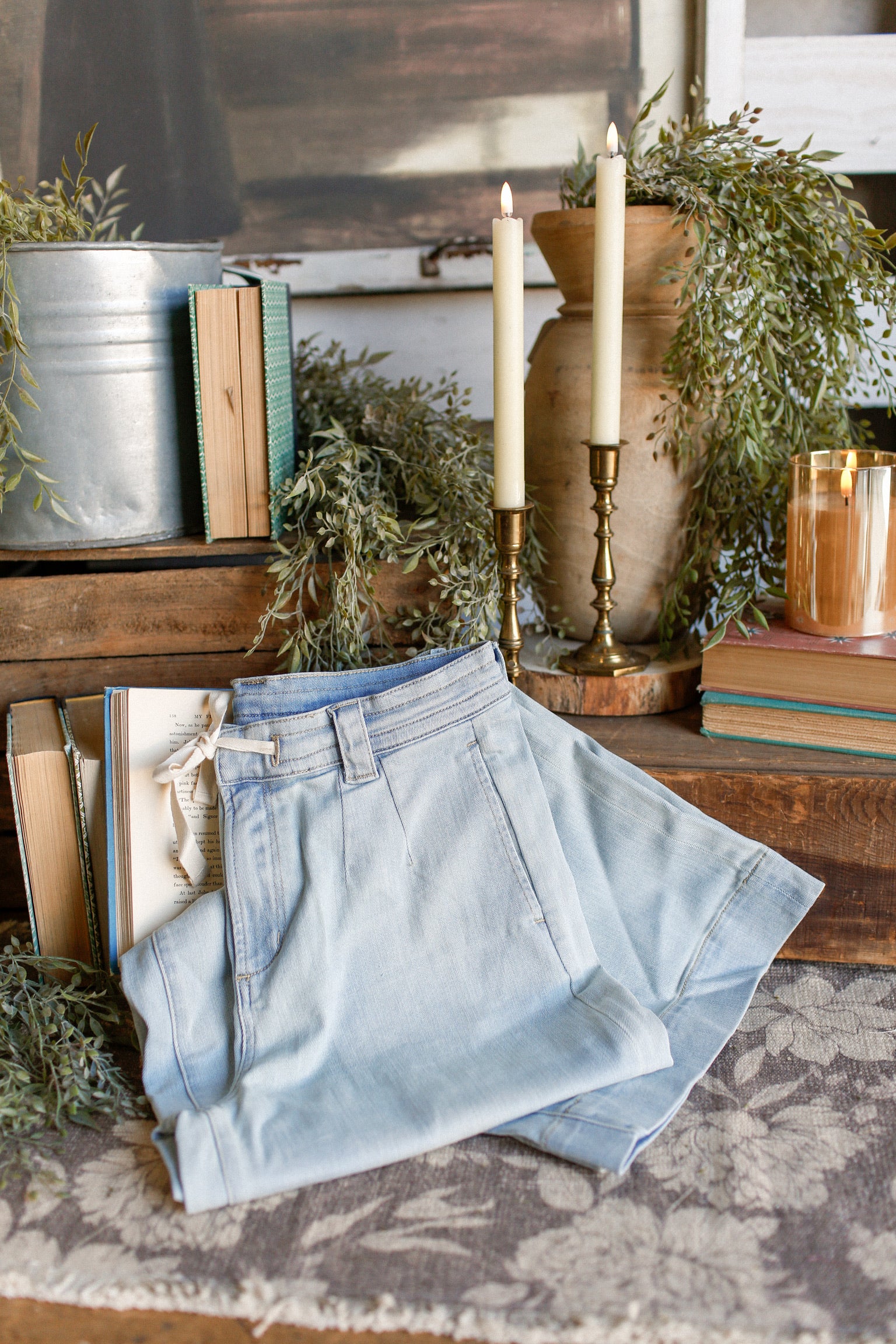 Washed Denim Tie Front Pant