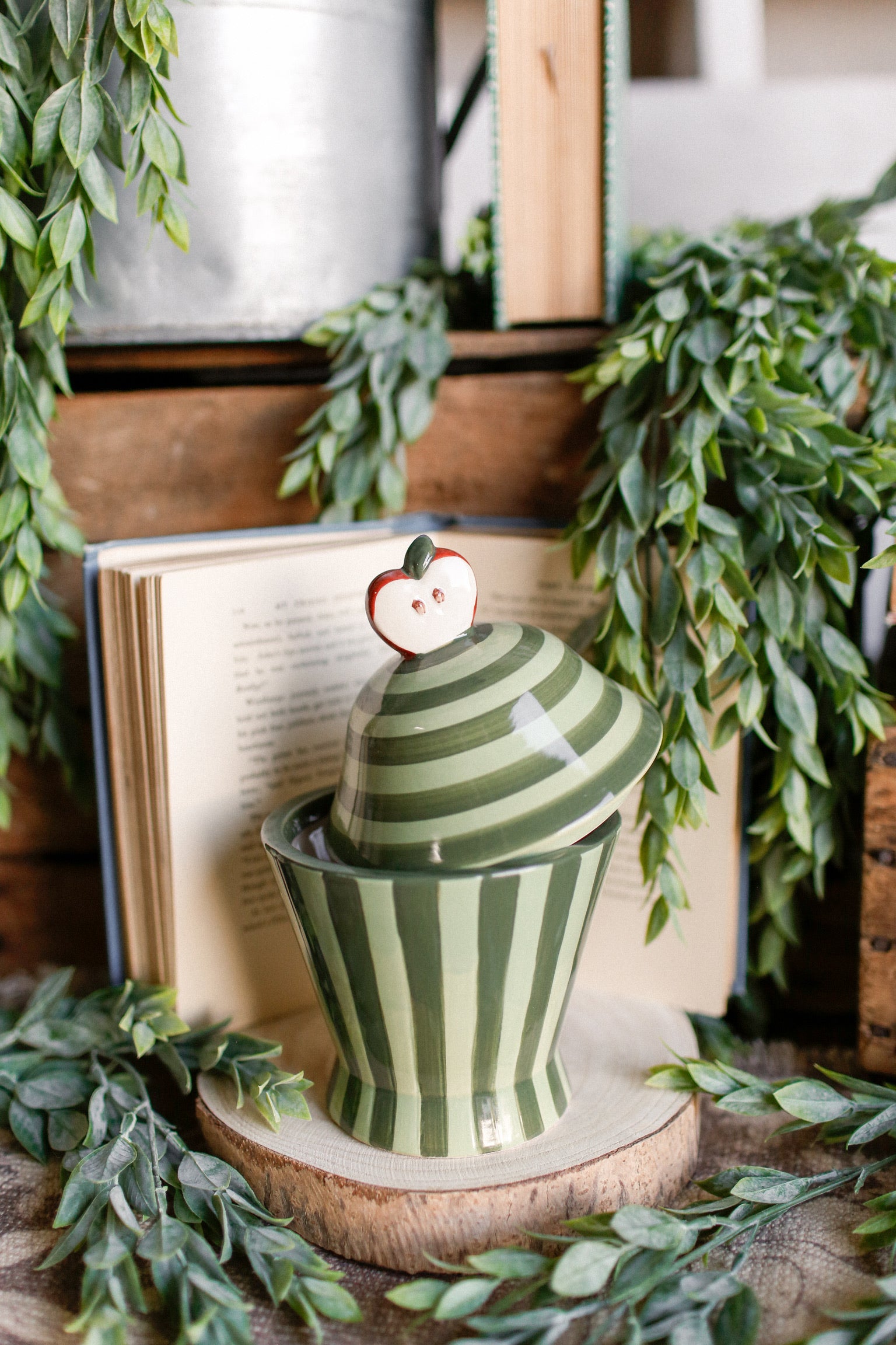 Green Striped Apple Canister