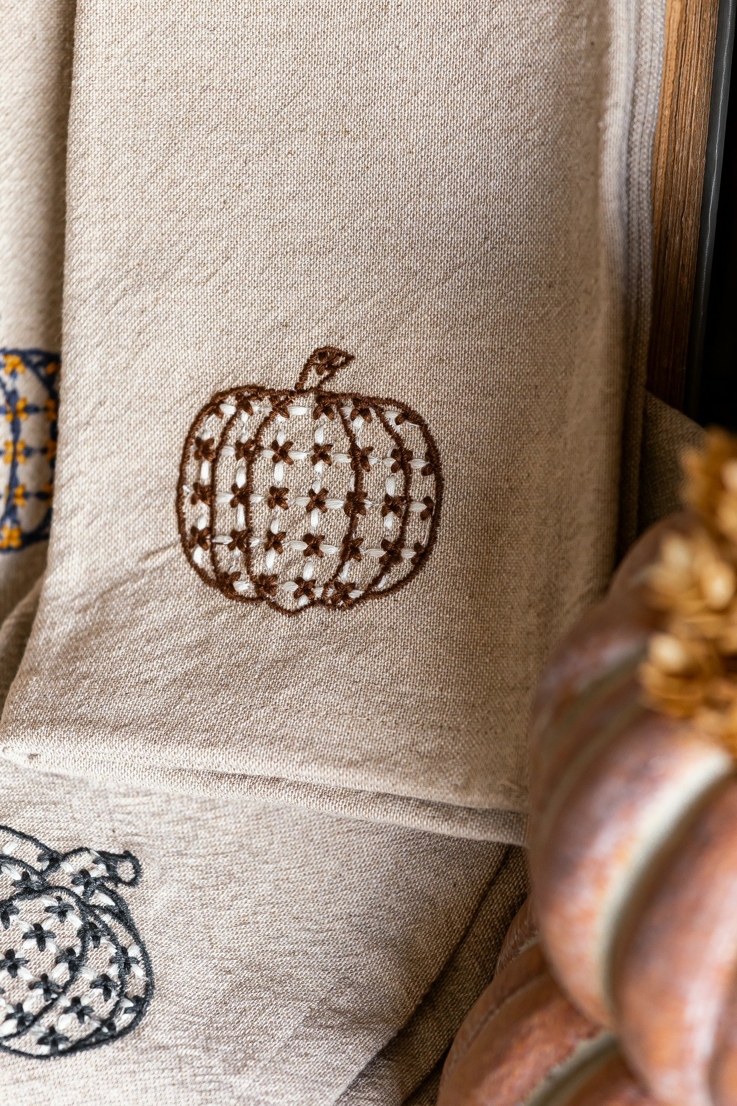 Woven Chambray Embroidered Pumpkins Napkins Creative Co-Op