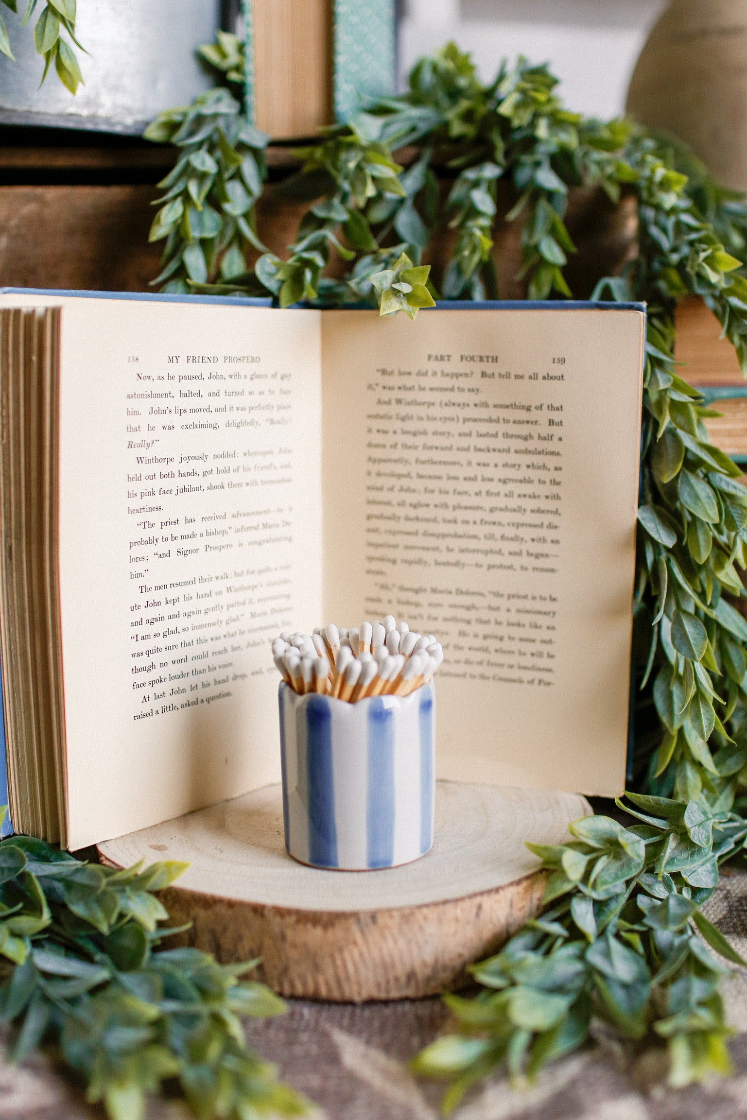 Blue Striped Scalloped Trim Match Holder