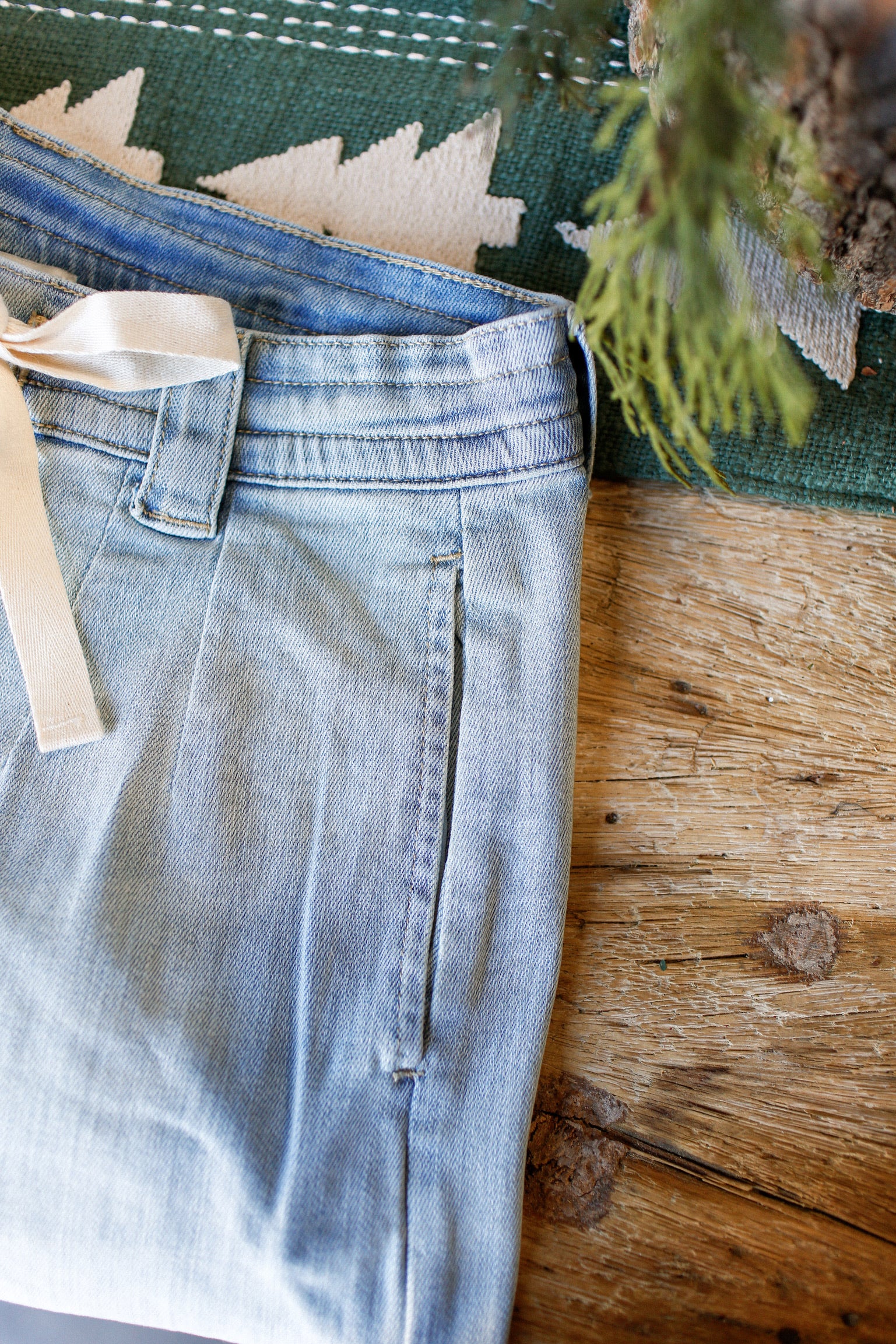 Washed Denim Tie Front Pant