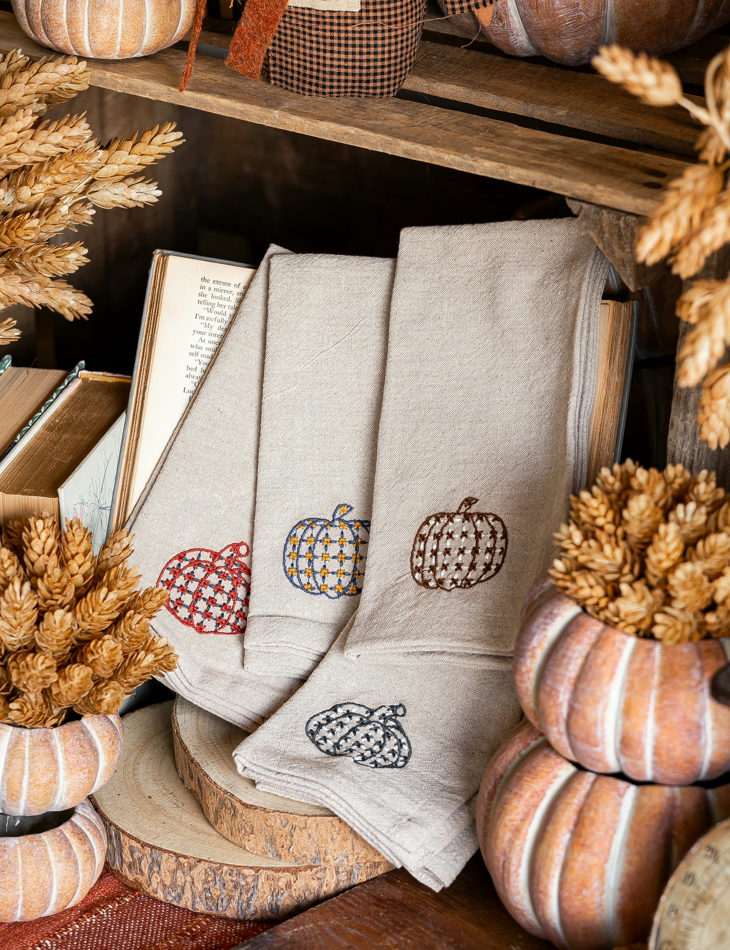 Woven Chambray Embroidered Pumpkins Napkins Creative Co-Op