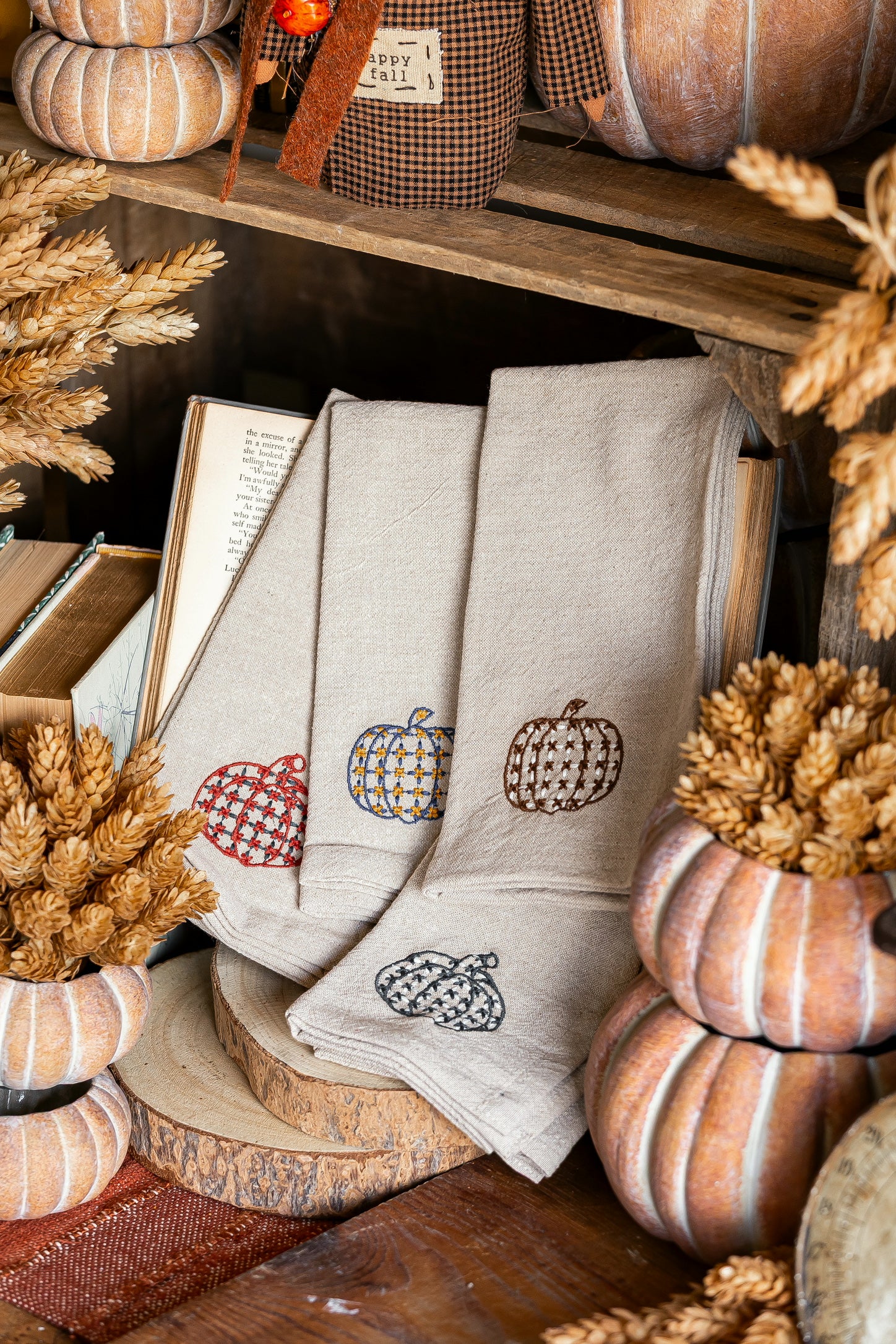 Woven Chambray Embroidered Pumpkins Napkins Creative Co-Op