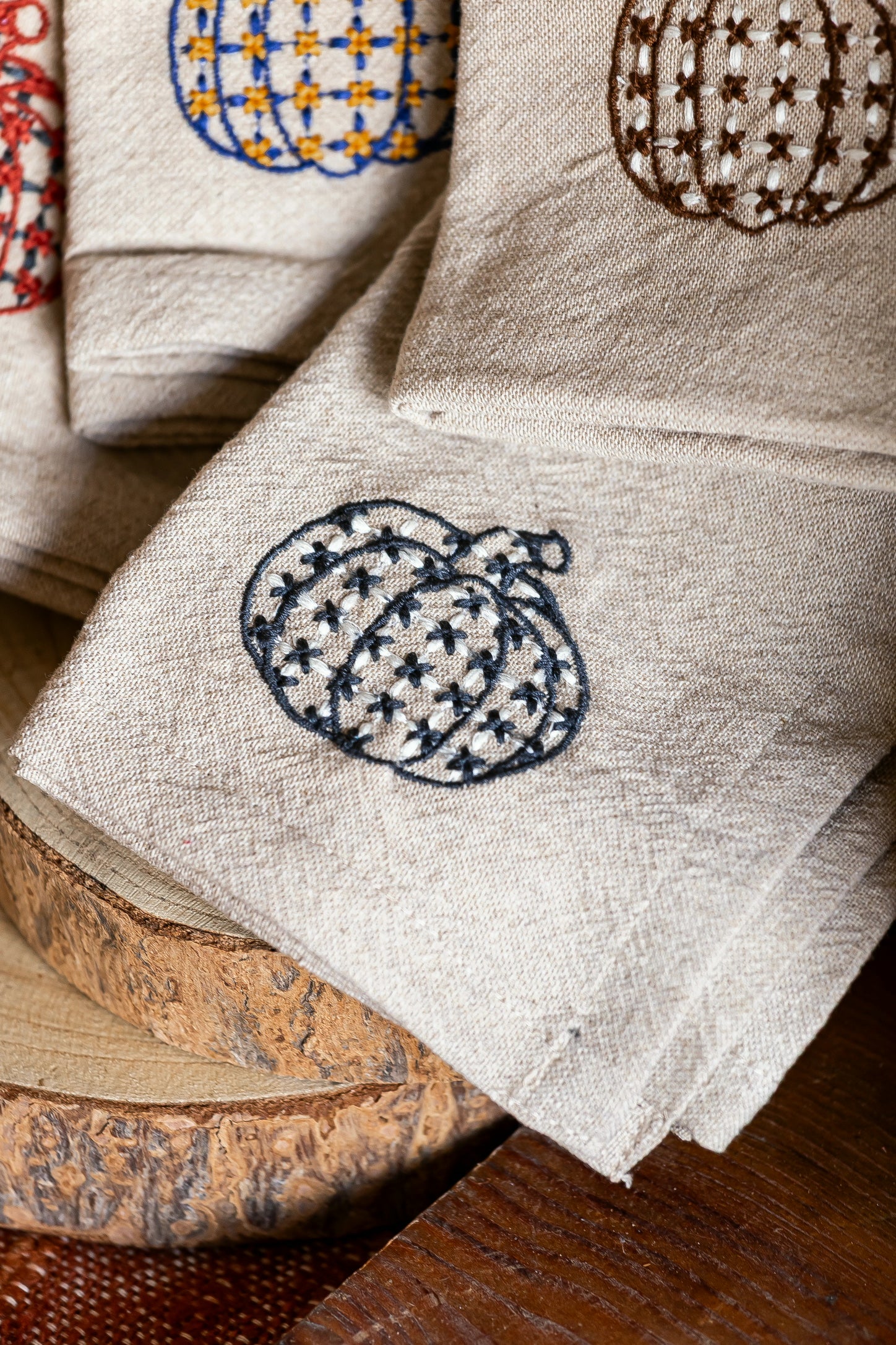 Woven Chambray Embroidered Pumpkins Napkins Creative Co-Op