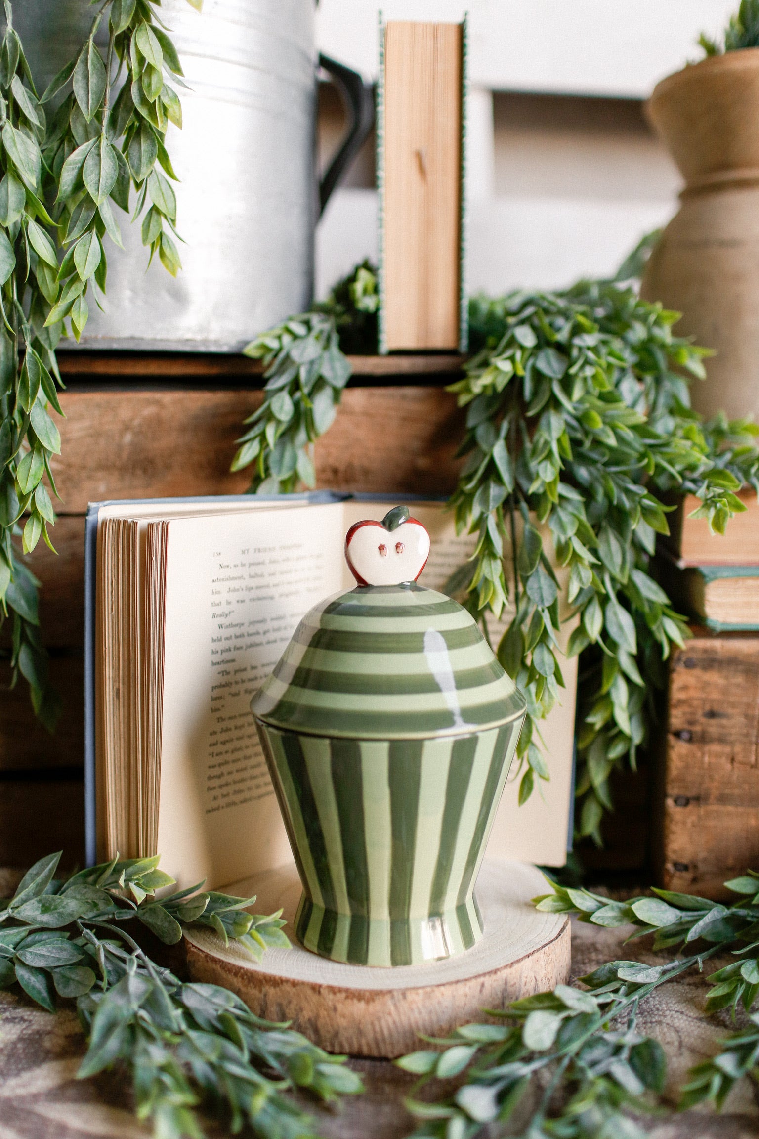 Green Striped Apple Canister