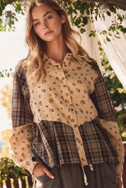 Floral Colorblock Cropped Flannel Oddi