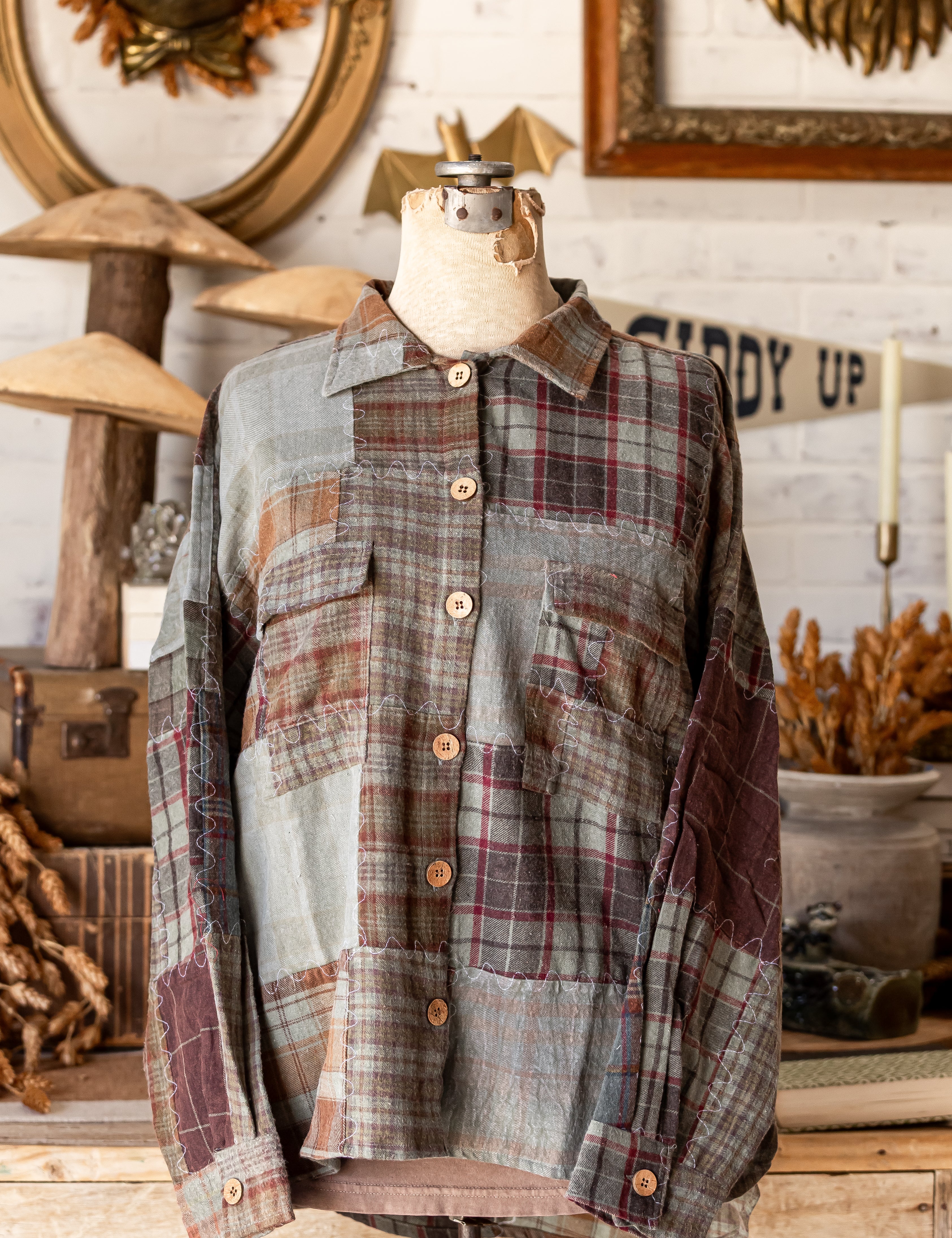 Olive Patchwork Plaid Flannel Pol Clothing