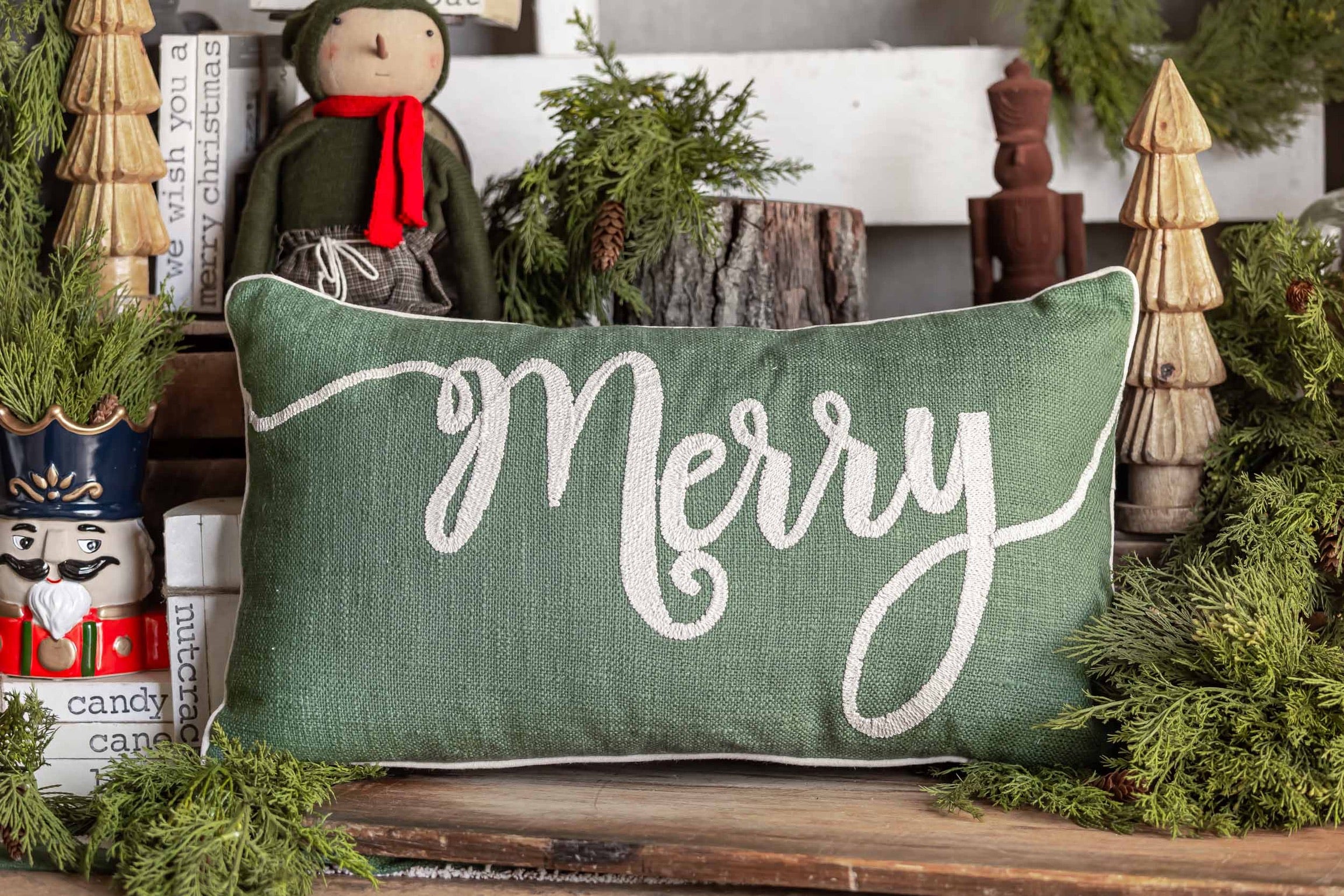 Embroidered Merry Lumbar Pillow Creative Co-Op