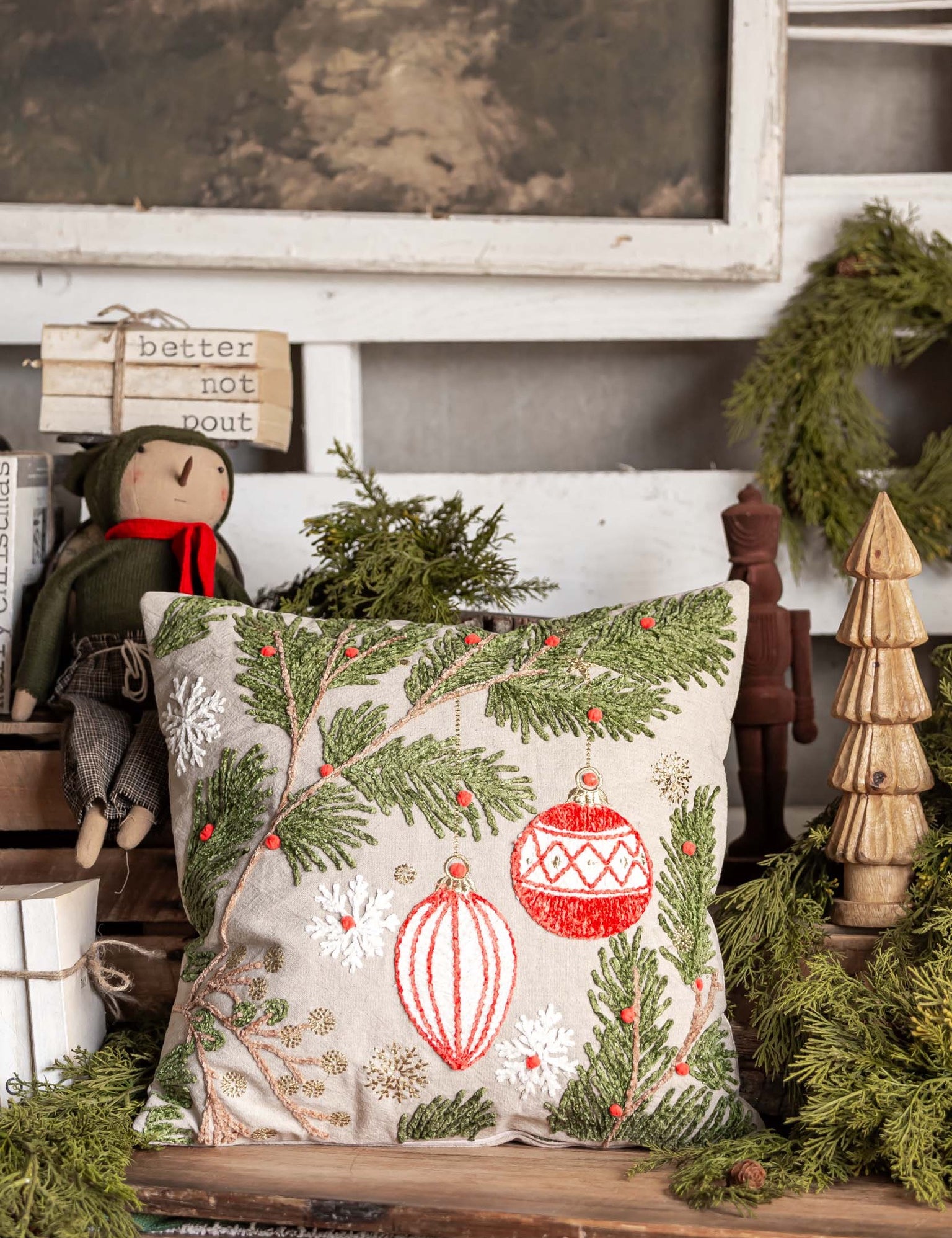 Embroidered Christmas Pine Pillow Creative Co-Op