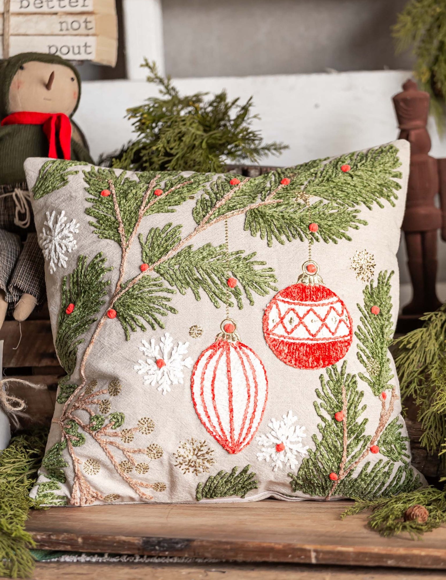 Embroidered Christmas Pine Pillow Creative Co-Op