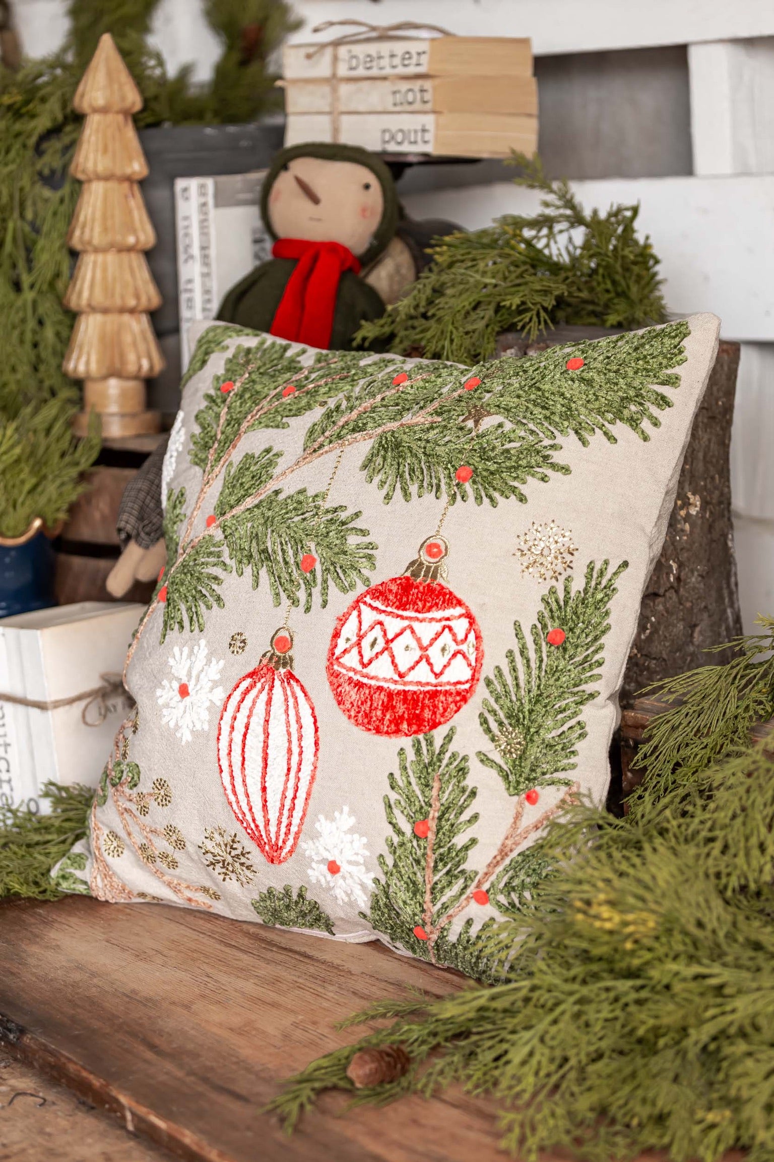 Embroidered Christmas Pine Pillow Creative Co-Op