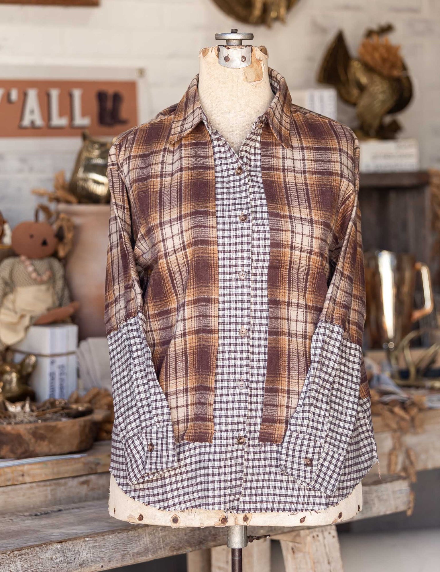 Earthy Mixed Plaid Flannel Button Down VERY J