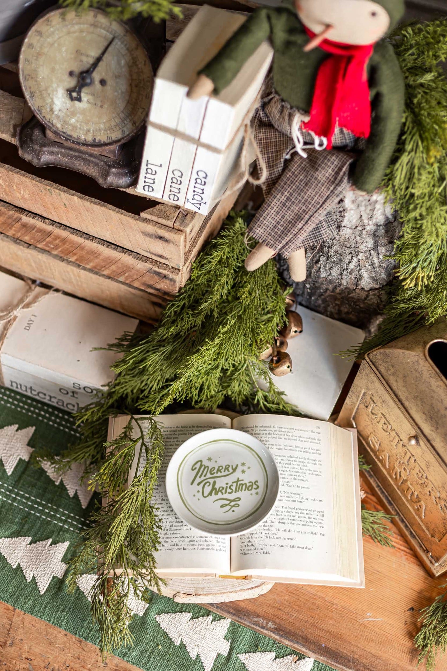 Stoneware Round Green Holiday Saying Dish Creative Co-Op