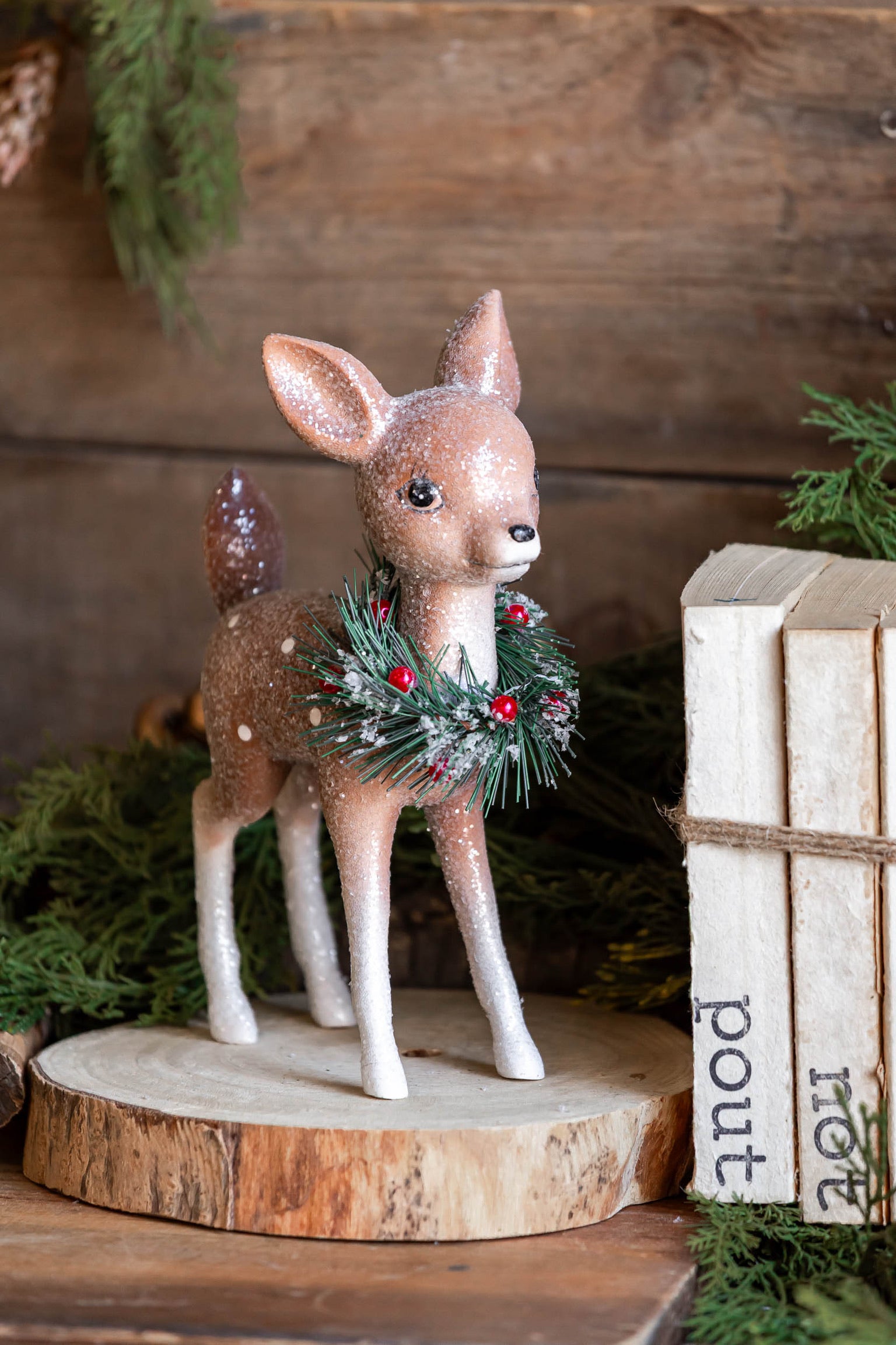 Retro Glitter Deer with Holly Wreath Raz Imports
