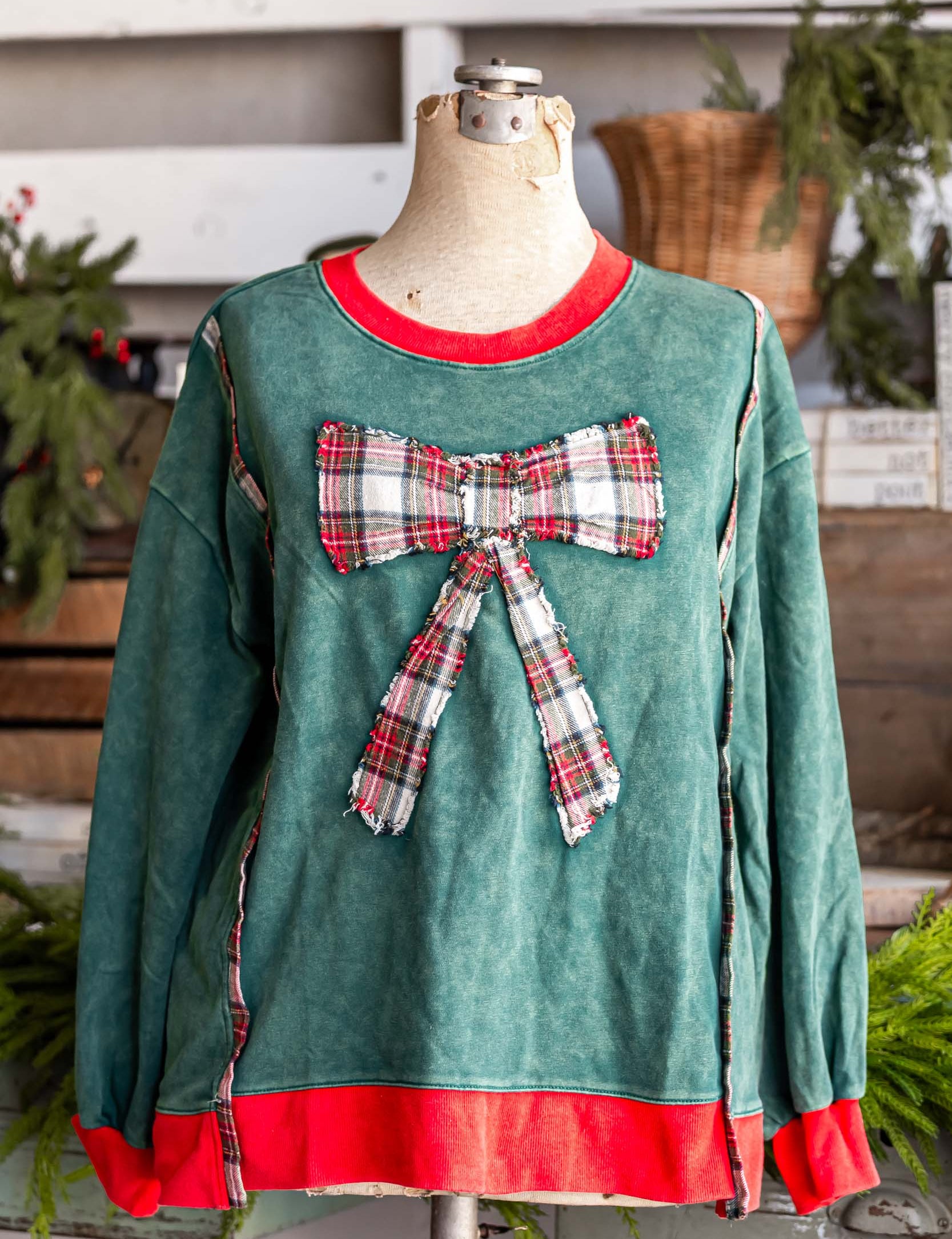 Plaid Bow Sweatshirt Sage + Fig