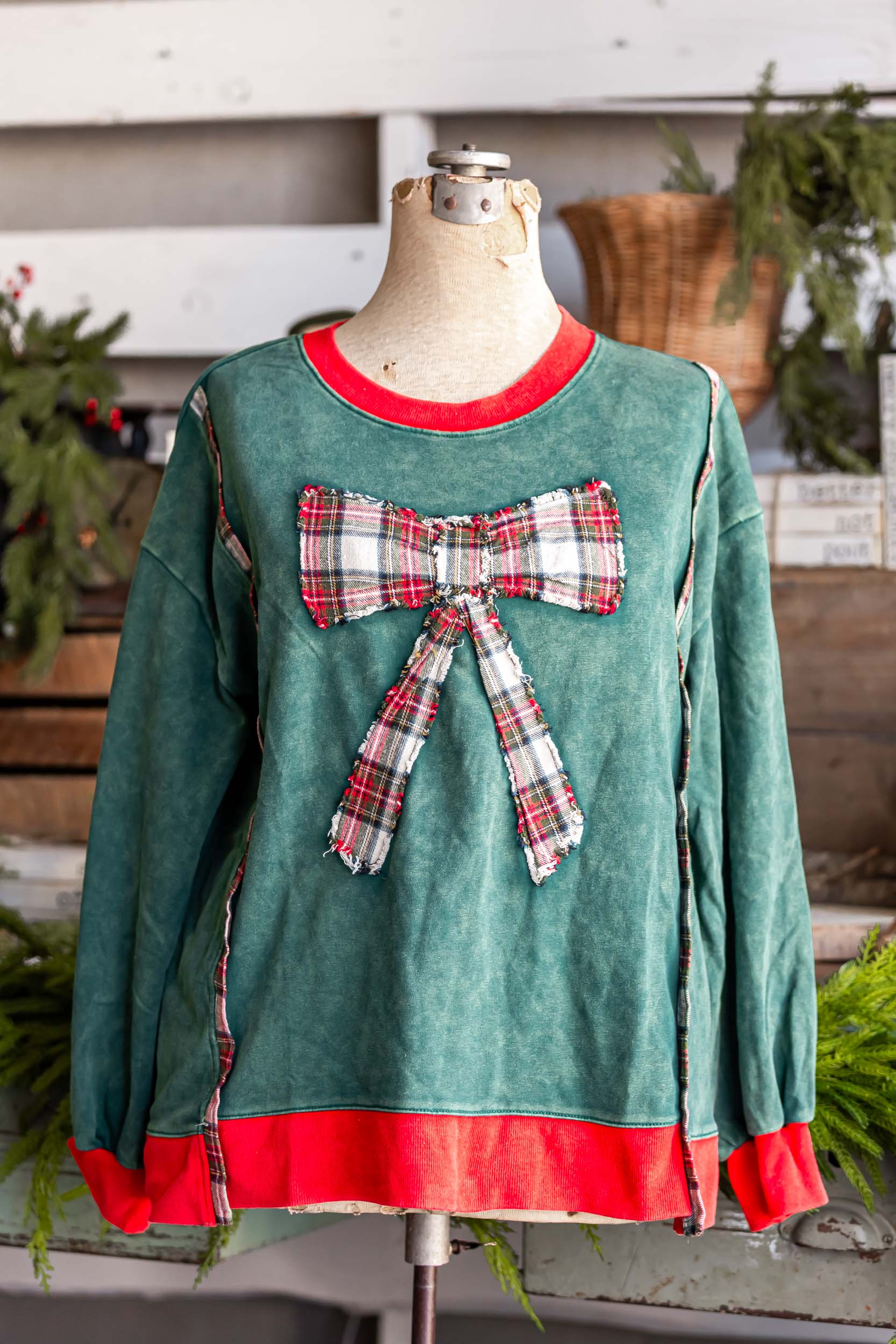 Plaid Bow Sweatshirt Sage + Fig