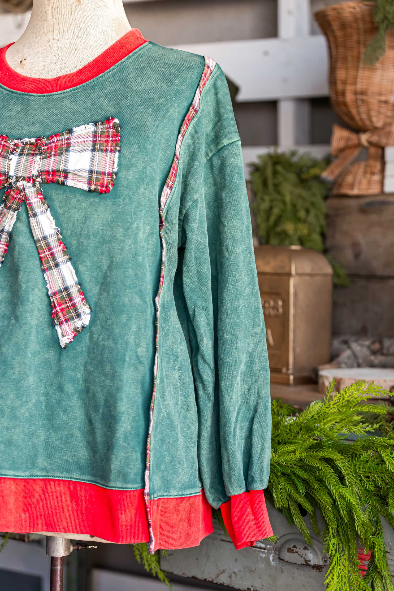Plaid Bow Sweatshirt Sage + Fig
