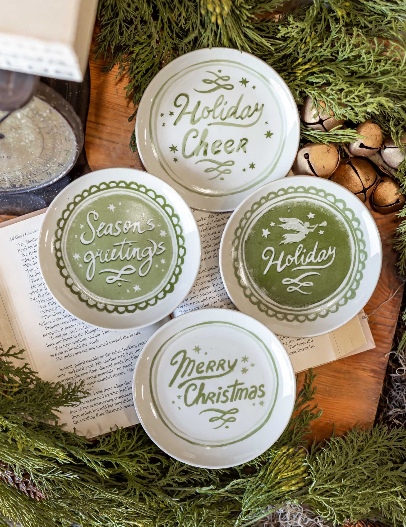 Stoneware Round Green Holiday Saying Dish Creative Co-Op