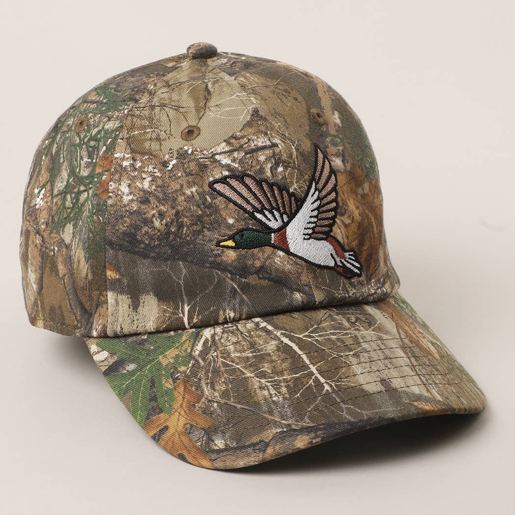 Flying Mallard Embroidered Cap with Leaf Print Fashion City