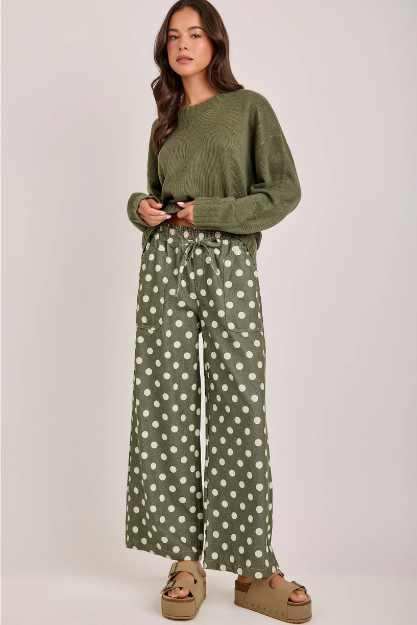 Olive Polka Dot Drawstring Pant BON